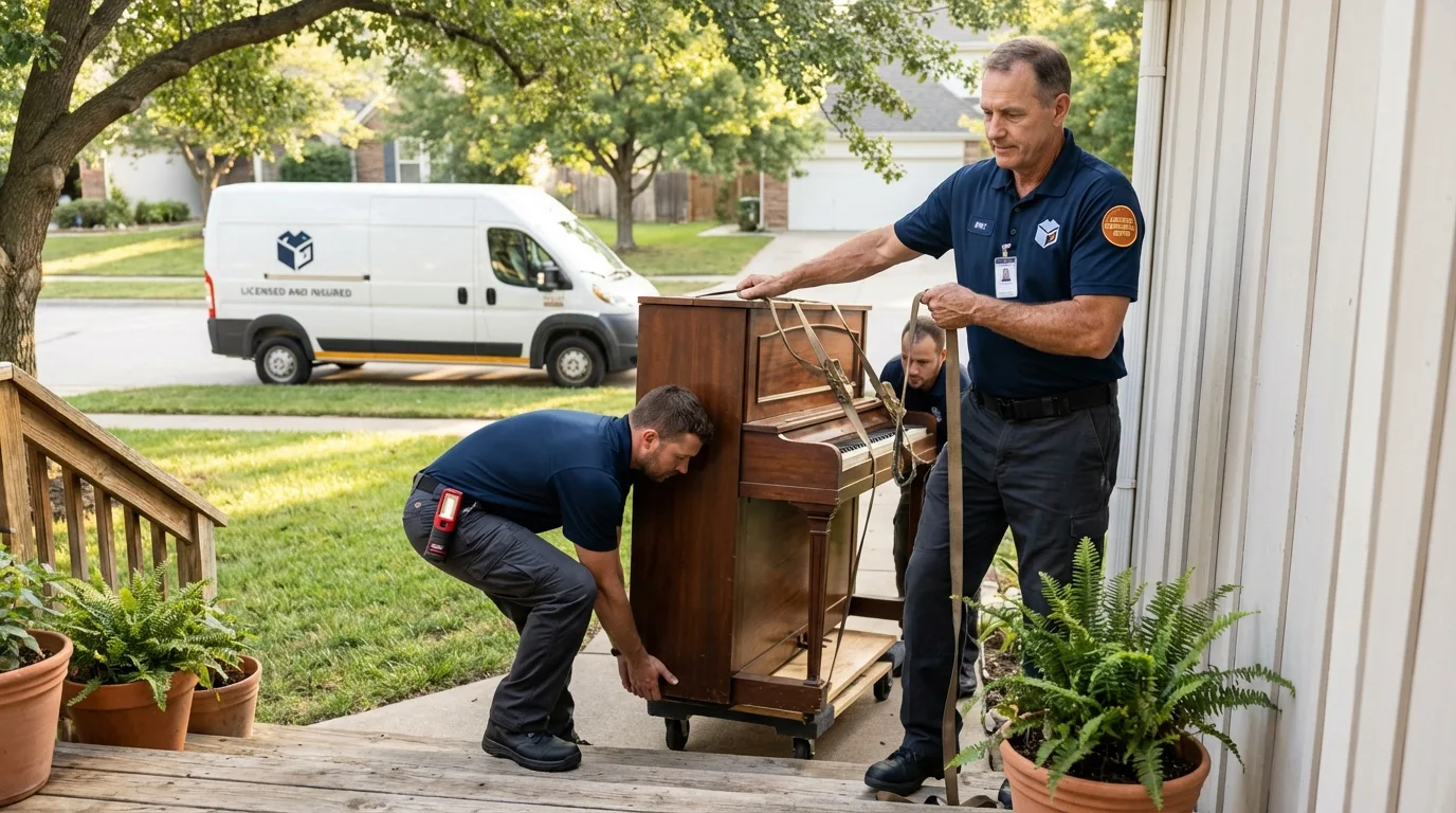 Licensed piano movers securing grand piano in Key West, FL