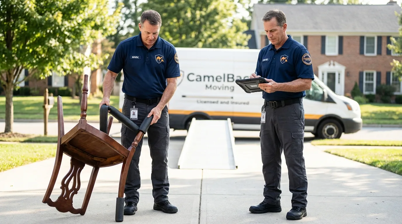 Movers inspecting furniture for damage prevention before loading in Key West, FL